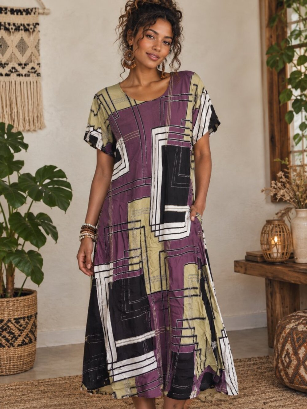 Dolce Bella Abstract Geometric Print Midi Dress Size L 100% Rayon Made in Turkey